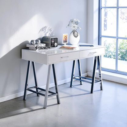 Coleen high gloss writing desk with USB, white surface and chrome legs, decorative vase on Tampa Home & Garden Store