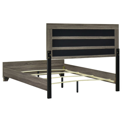 Funston queen bed frame in oak with upholstered headboard and rustic slats on Tampa Home & Garden Store