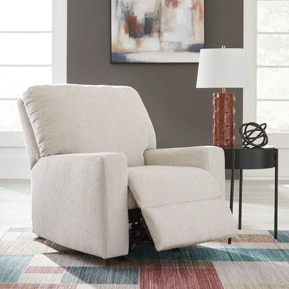 Aviemore Rocker Recliner beige fabric upholstery with exposed metal rocking mechanism on Tampa Home & Garden Store