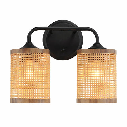 Quell double-light vanity wall lamp with black metal frame and natural rattan shades, 2 lamps on Tampa Home & Garden Store