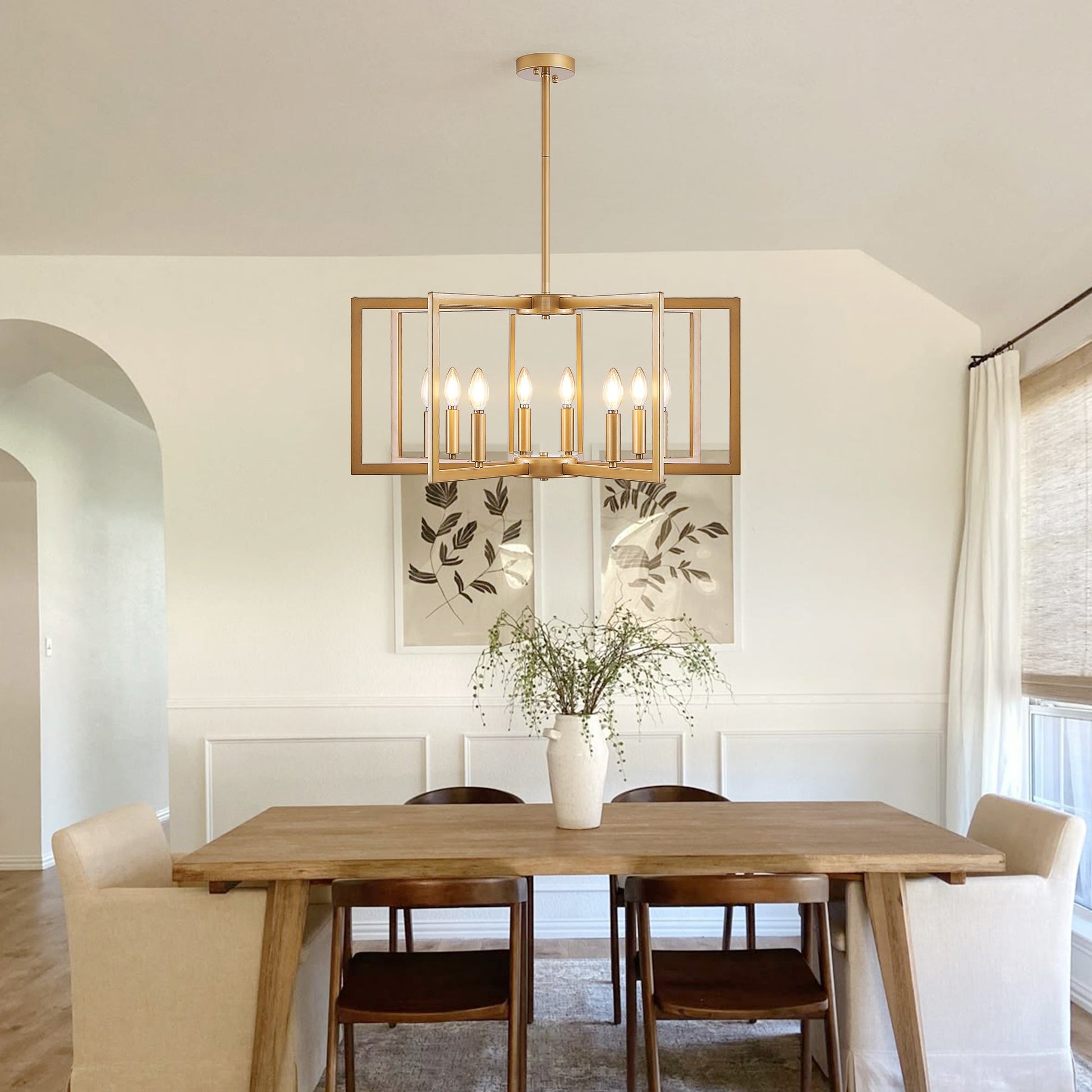 27' Modern Golden Geometric 8-Light Chandelier with gold rectangular frame and candle bulbs on Tampa Home & Garden Store