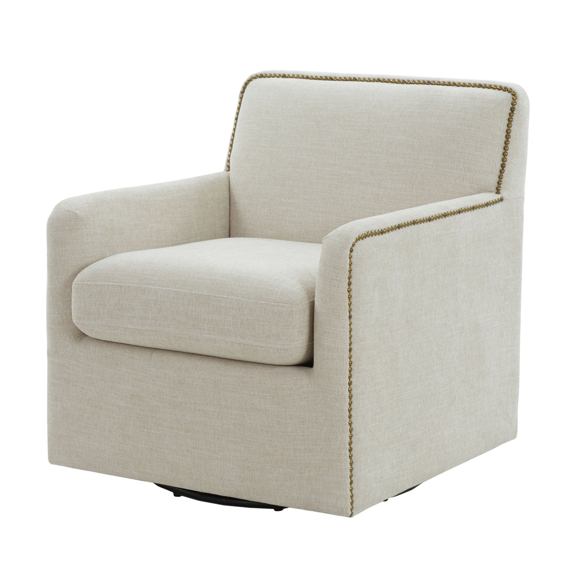 Swivel Accent Chair beige upholstery with antique brass nailhead trim by HouseOfZazla on Tampa Home & Garden Store