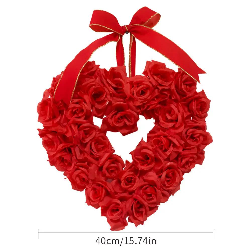 Red rose heart wreath garland with gold-trim red ribbon for Valentine wedding decor on Tampa Home & Garden Store