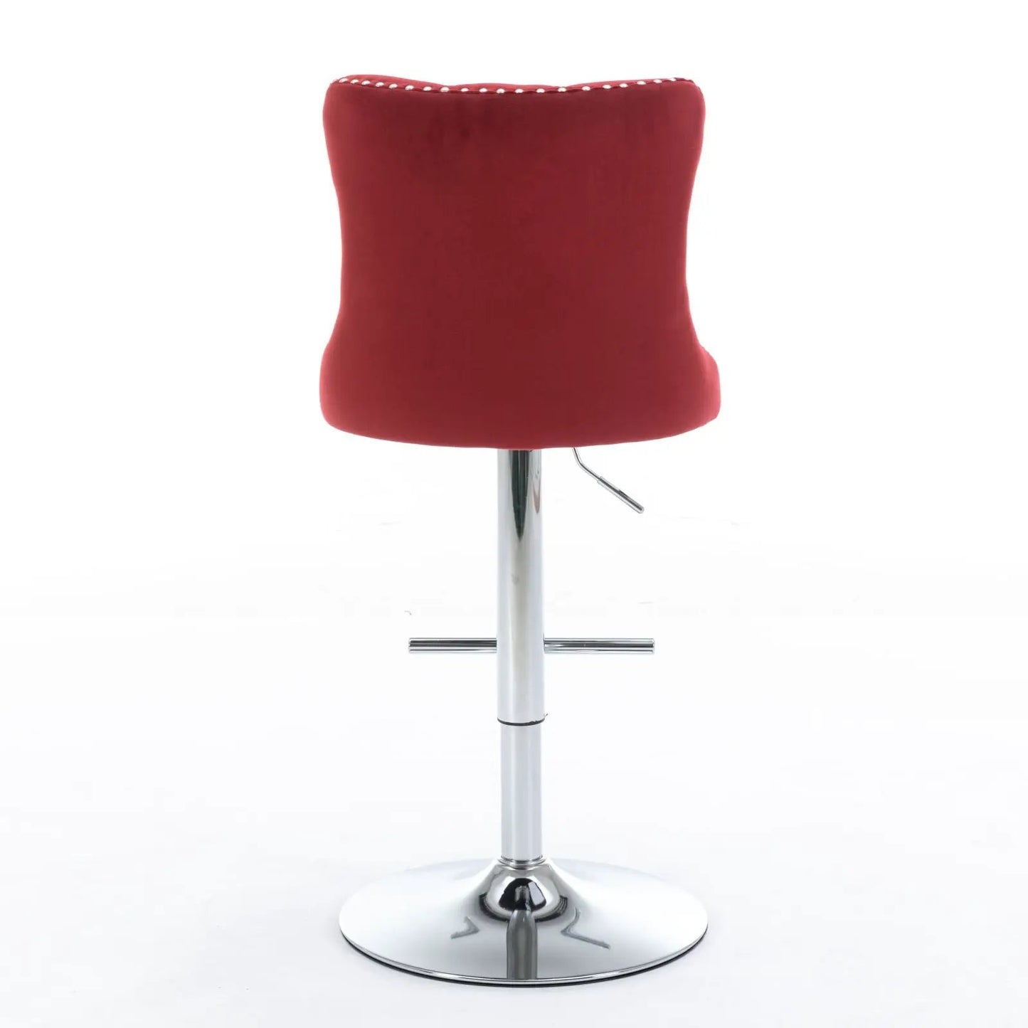 Red upholstered swivel bar stool with tufted back, chrome pedestal base and height-adjustment lever on Tampa Home & Garden Store