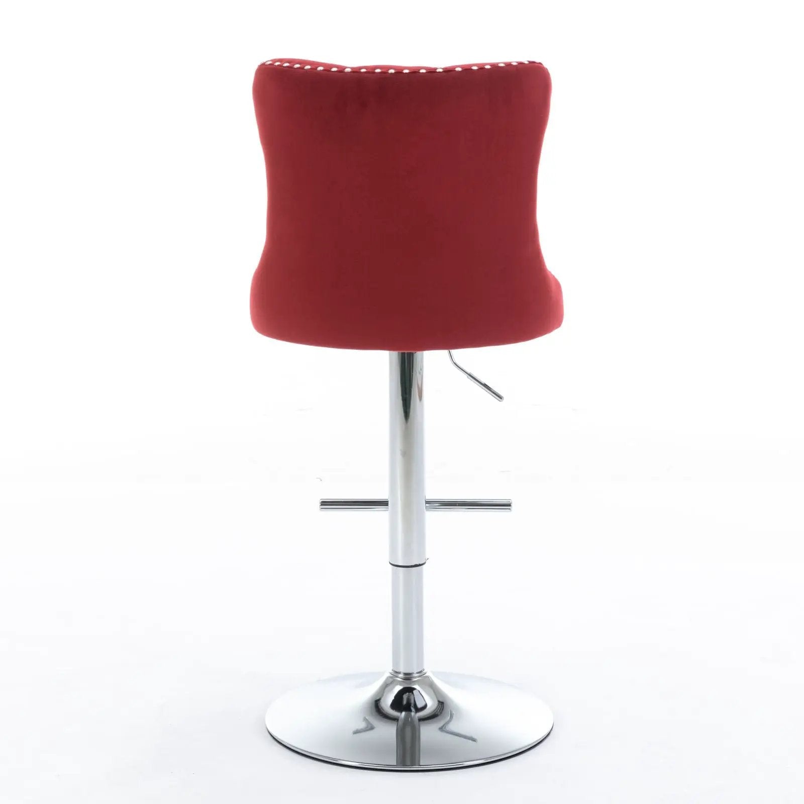 Red upholstered swivel bar stool with tufted back, chrome pedestal base and height-adjustment lever on Tampa Home & Garden Store