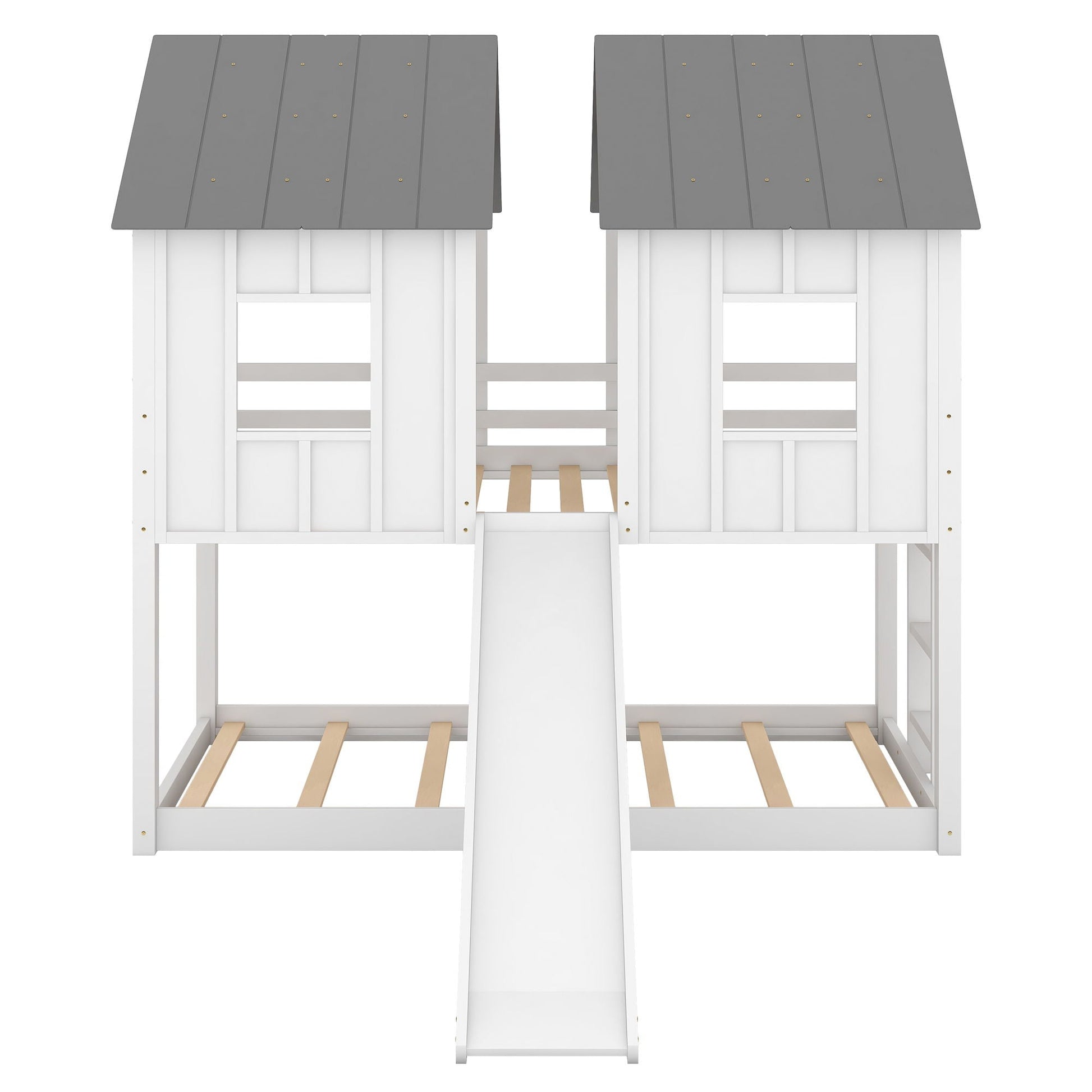 Twin Over Twin House Bunk Bed with Slide and Windows, white frame, gray roof, HouseOfZazla on Tampa Home & Garden Store
