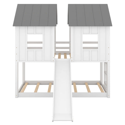 Twin Over Twin House Bunk Bed with Slide and Windows, white frame, gray roof, HouseOfZazla on Tampa Home & Garden Store