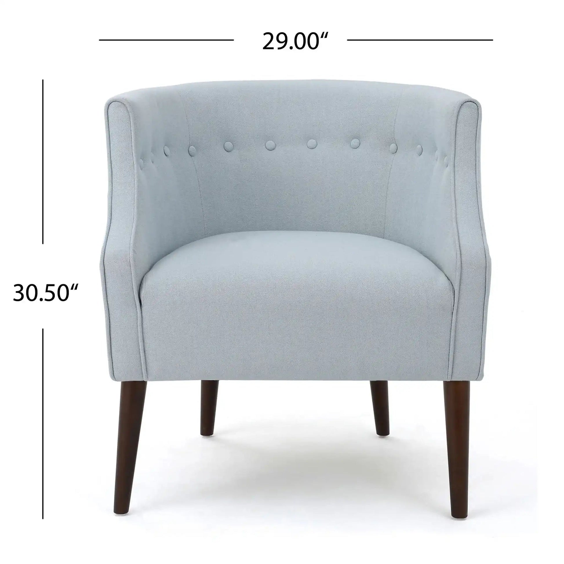 Contemporary upholstered club chair in light gray fabric with tufted back and dark wood legs on Tampa Home & Garden Store