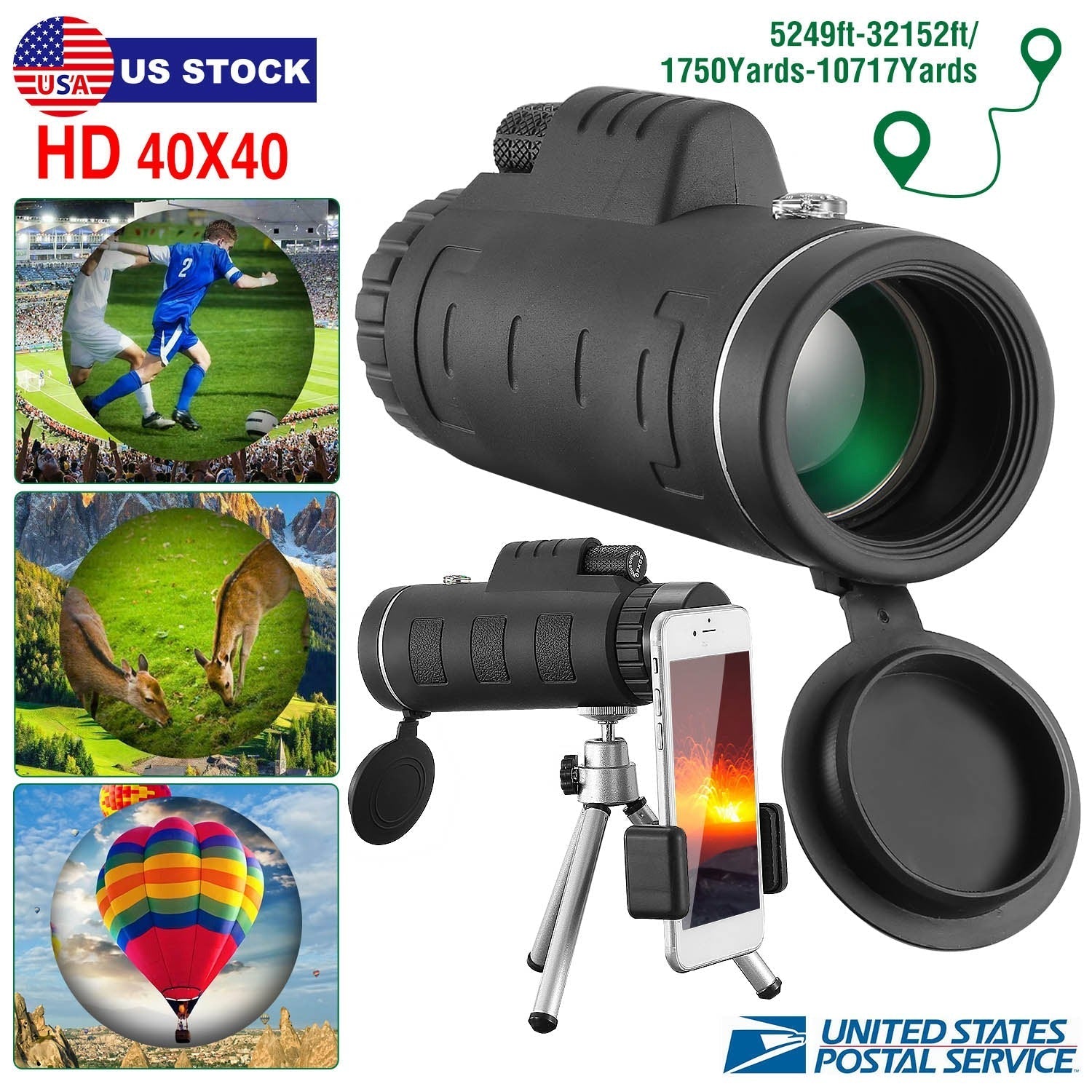 GemGear 40x40 HD monocular telescope with FMC lens, black body, phone holder and tripod on Tampa Home & Garden Store