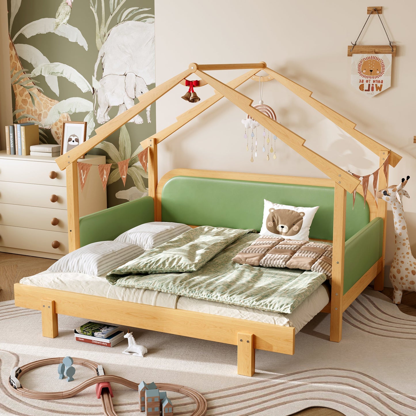 Twin Wood Treehouse Bed with Cushion Rails in natural wood and green by HouseOfZazla on Tampa Home & Garden Store