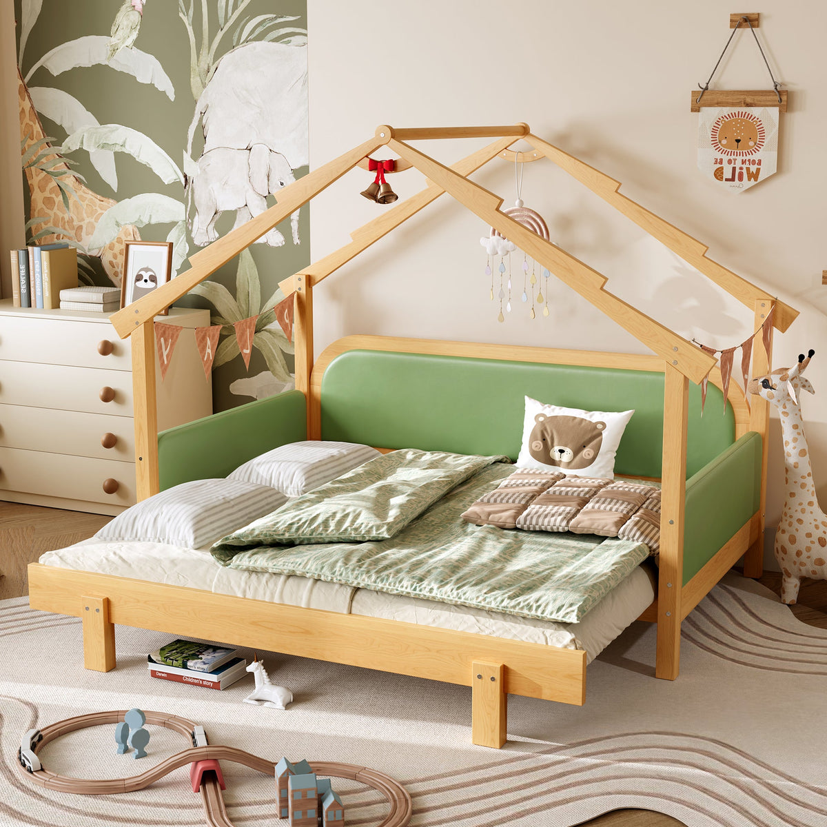 Twin Wood Treehouse Bed with Cushion Rails in natural wood and green by HouseOfZazla on Tampa Home & Garden Store