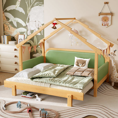 Twin Wood Treehouse Bed with Cushion Rails in natural wood and green by HouseOfZazla on Tampa Home & Garden Store