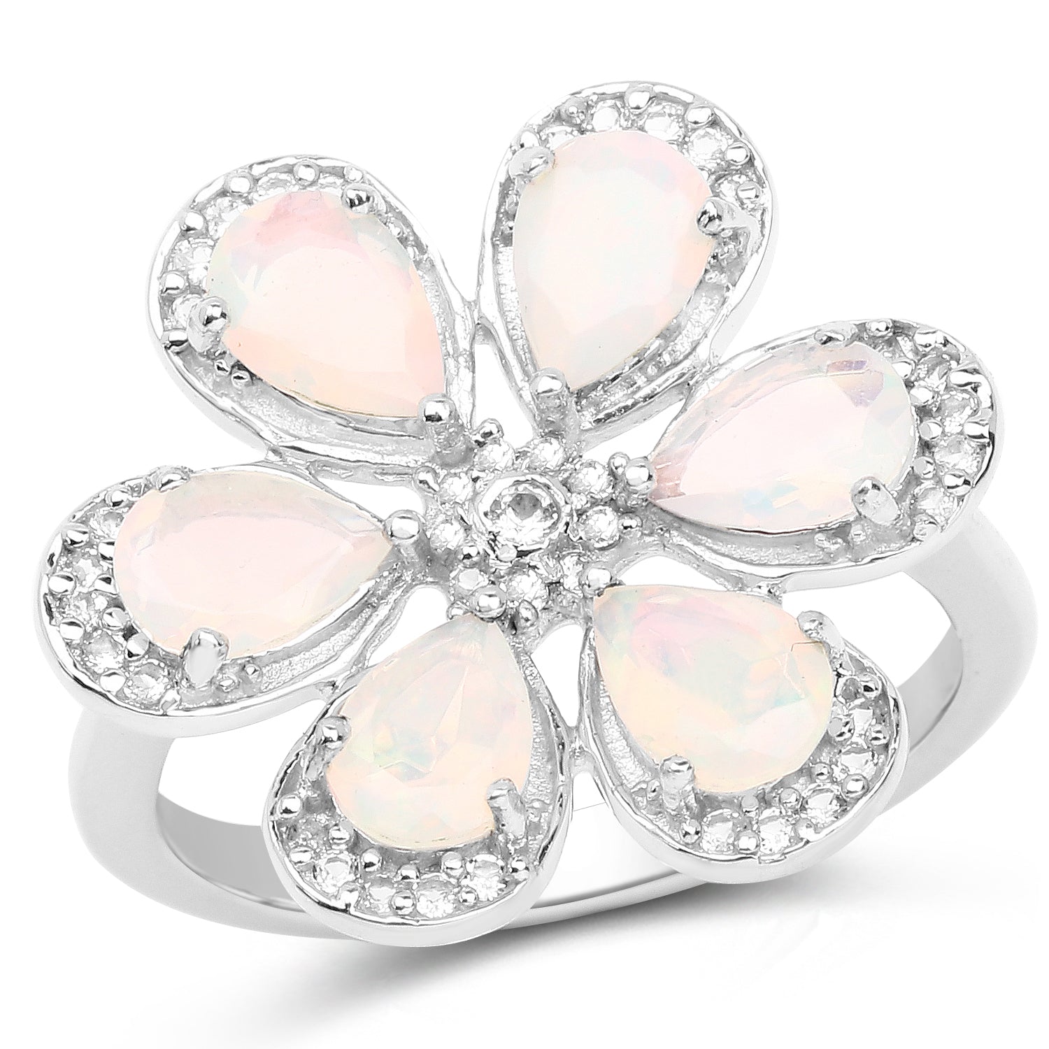 Opal flower ring in sterling silver by Bids.com with pink opal petals and crystal accents on Tampa Home & Garden Store