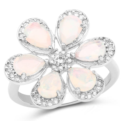 Opal flower ring in sterling silver by Bids.com with pink opal petals and crystal accents on Tampa Home & Garden Store