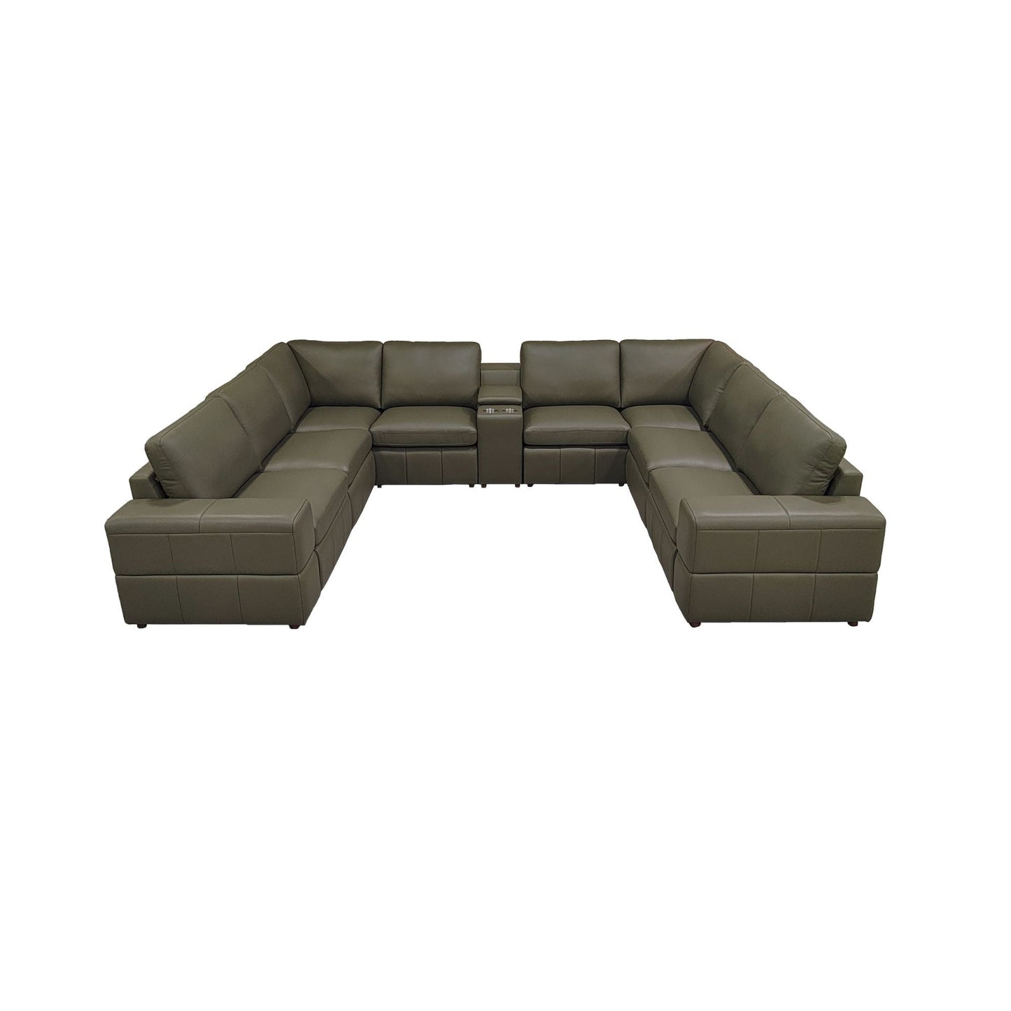 Upholstered sectional with recliner seats in olive green leather, modular with center console on Tampa Home & Garden Store