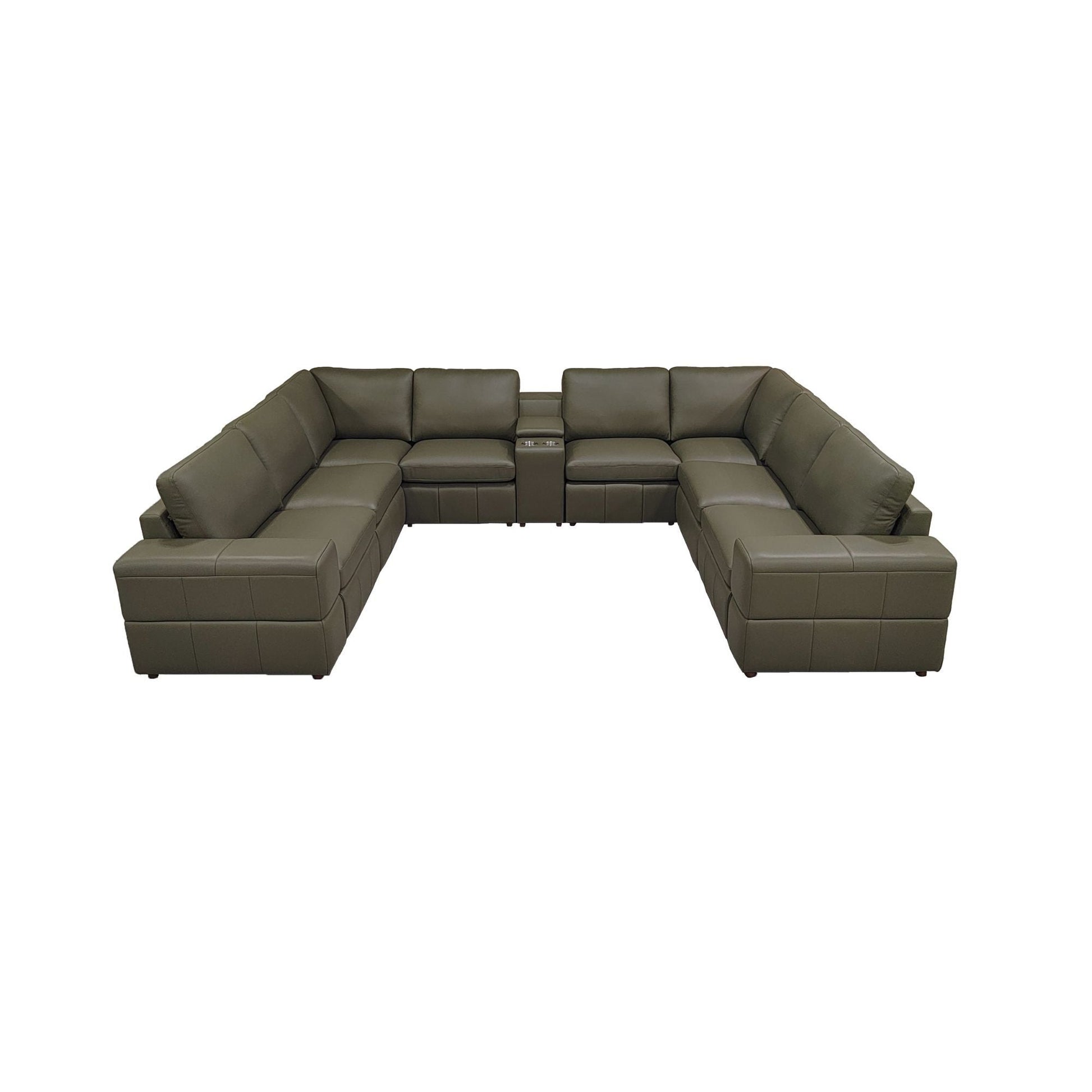 Upholstered sectional with recliner seats in olive green leather, modular with center console on Tampa Home & Garden Store