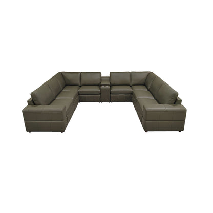 Upholstered sectional with recliner seats in olive green leather, modular with center console on Tampa Home & Garden Store