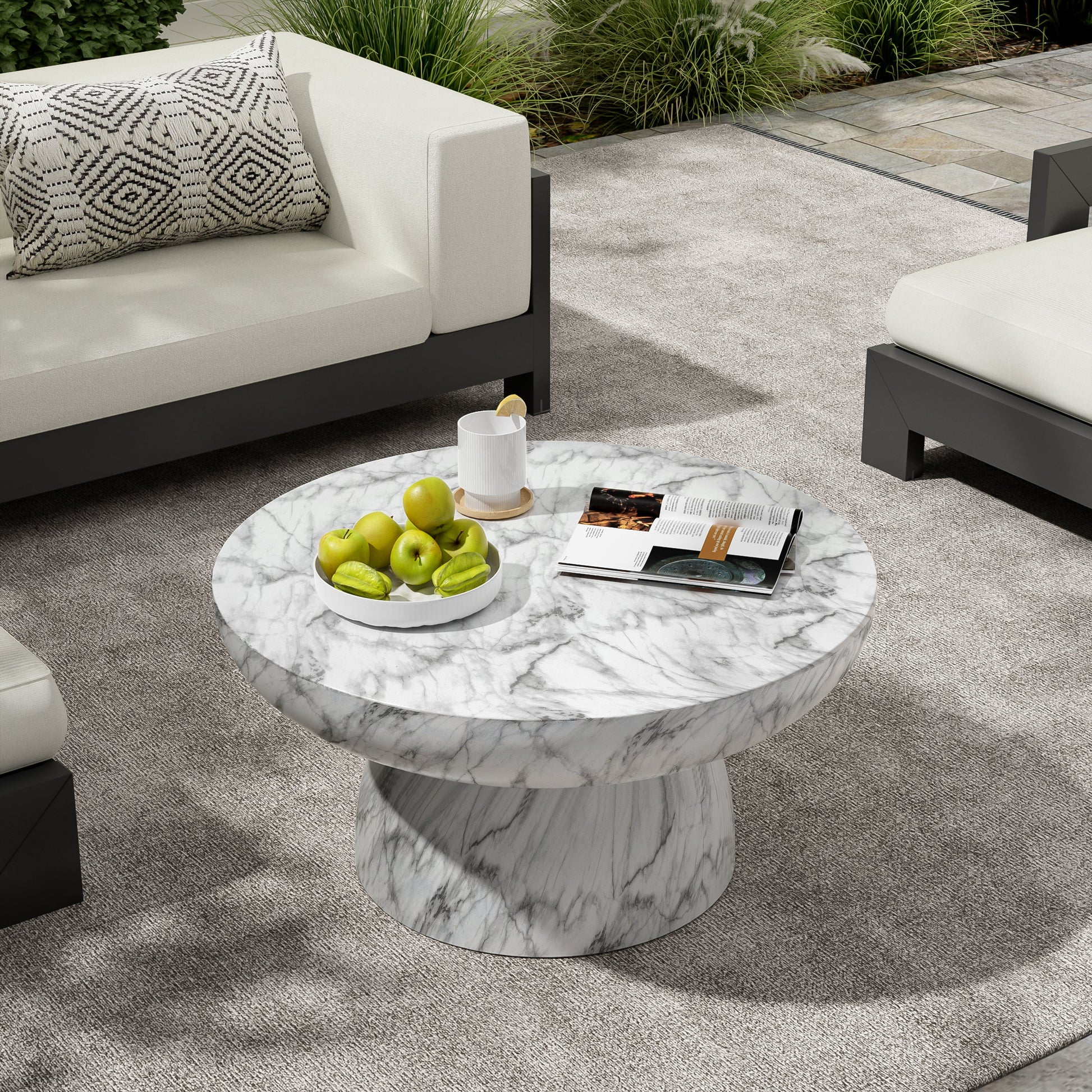 MGO faux marble outdoor coffee tables set of 2 with white-gray tops and black metal legs on Tampa Home & Garden Store