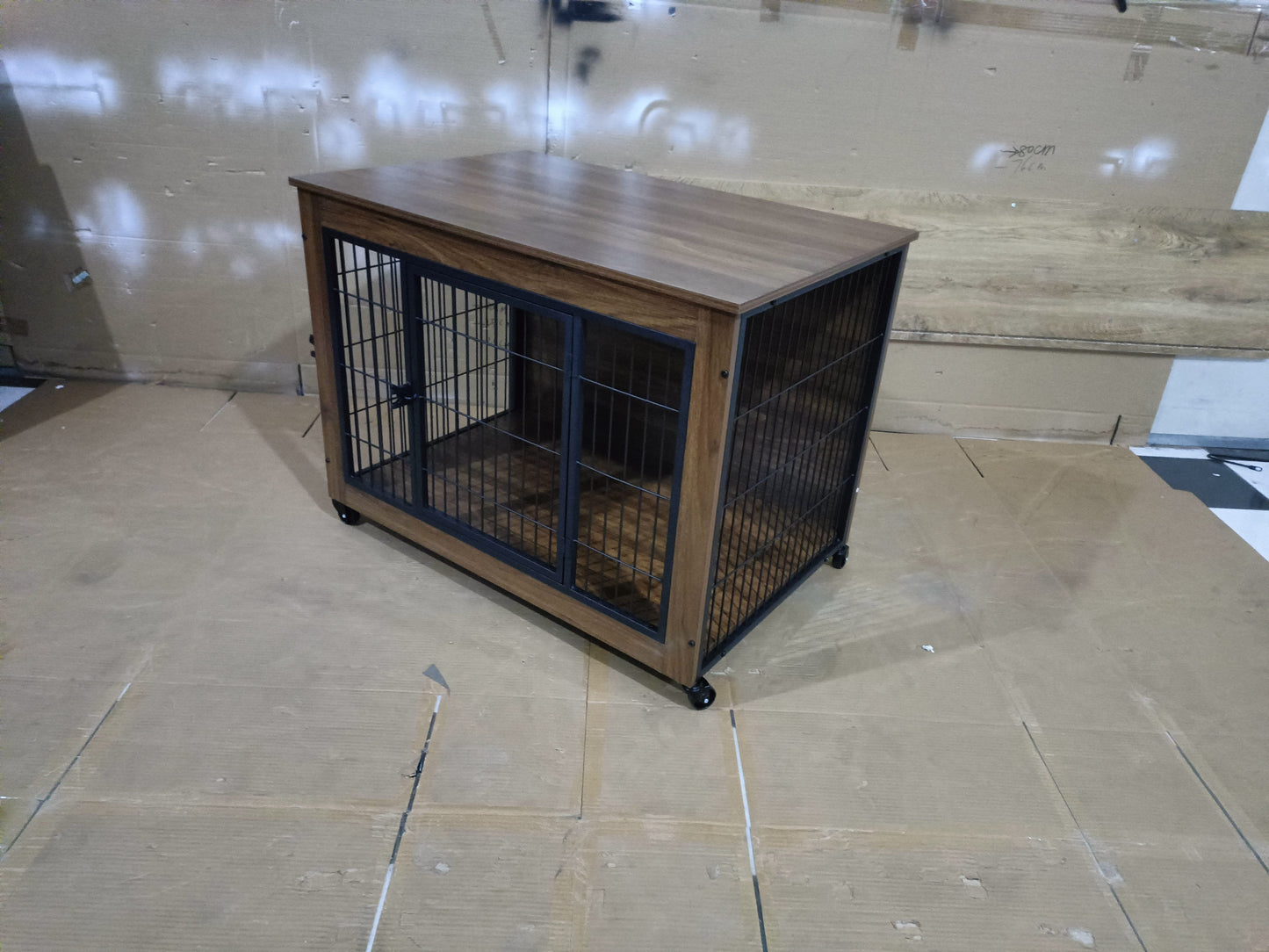 38.6in dog crate furniture with wheels, wooden frame and black metal cage, HouseOfZazla on Tampa Home & Garden Store