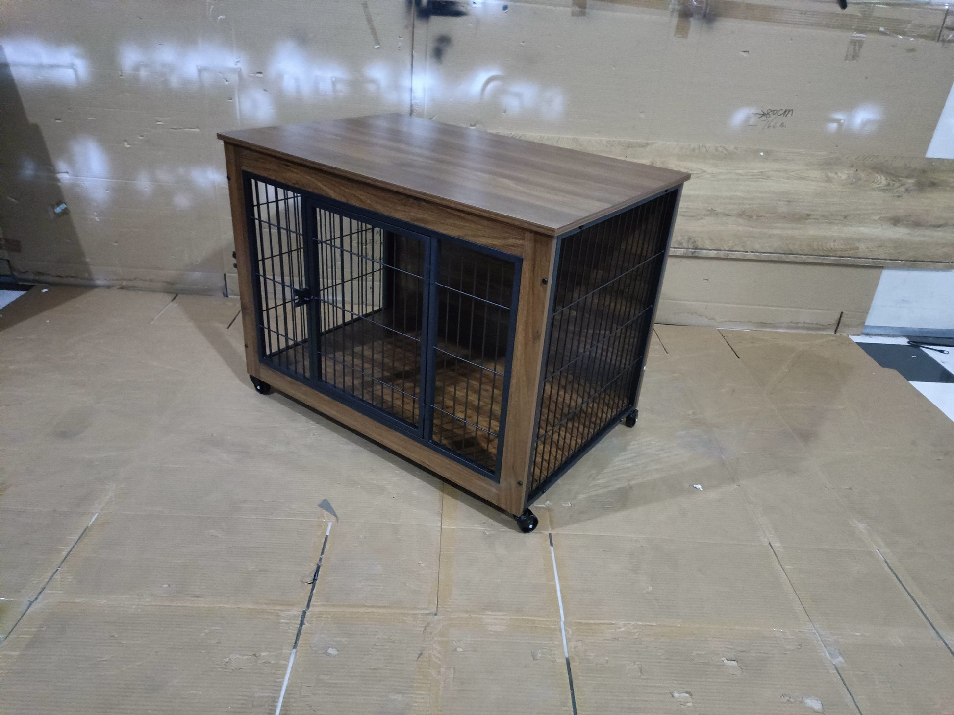 38.6in dog crate furniture with wheels, wooden frame and black metal cage, HouseOfZazla on Tampa Home & Garden Store