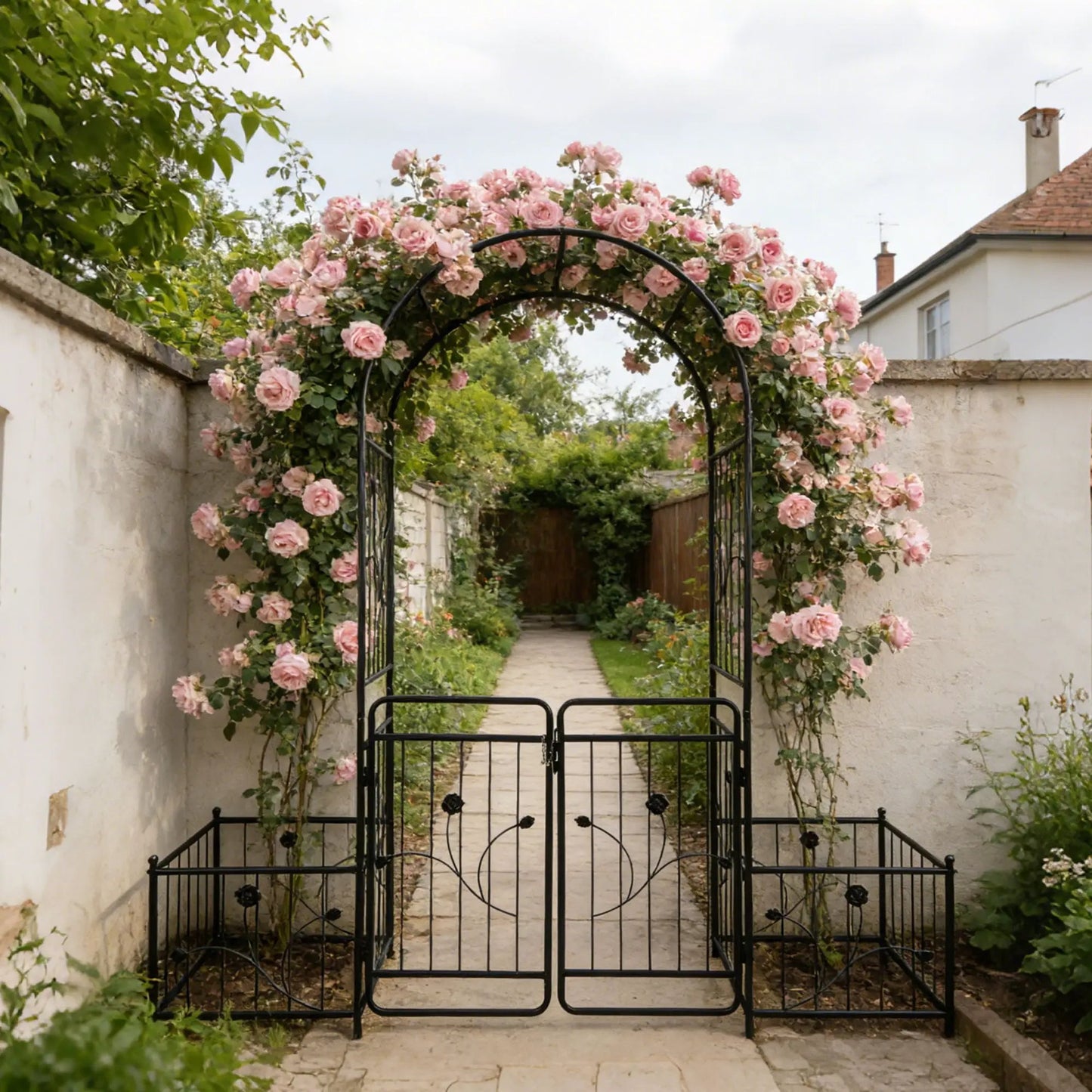Metal garden arch with gate black finish, pink climbing roses adorn the arch for outdoor decor on Tampa Home & Garden Store