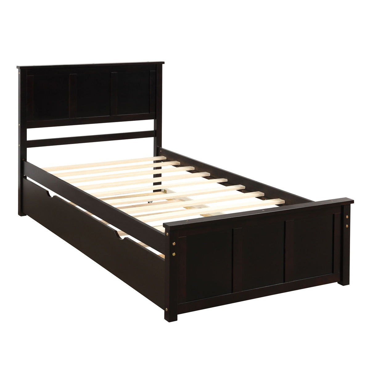 Platform bed with twin trundle in espresso finish, dark wood frame with slatted base on Tampa Home & Garden Store