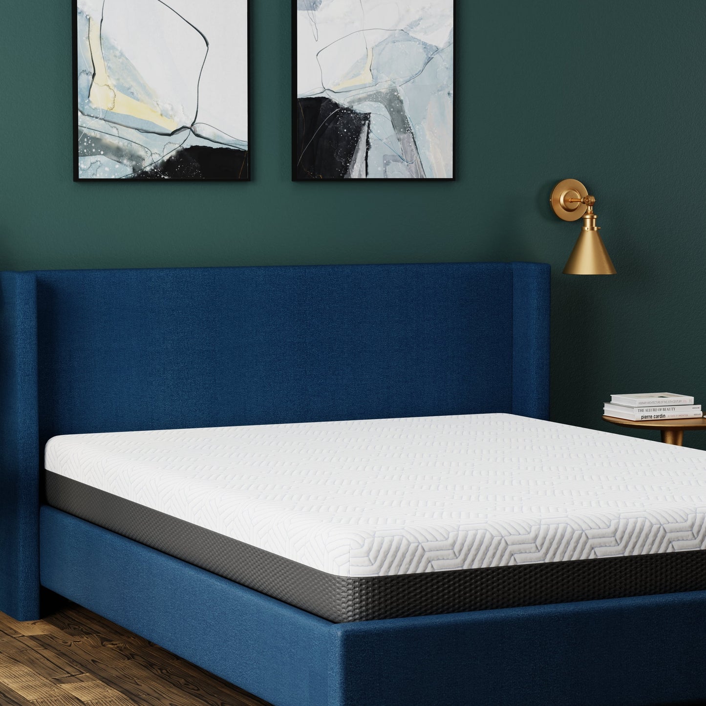 Omne Fria 8in Queen Firm Mattress with Cooling Cover by HouseOfZazla on blue upholstered bed on Tampa Home & Garden Store