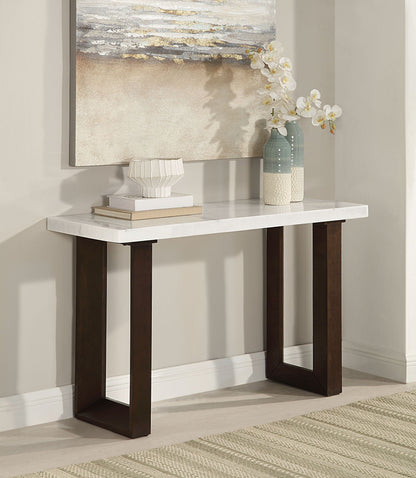Edwyn Natural Marble Top End Table with dark espresso legs and a white marble top in a modern living vignette on Tampa Home & Garden Store