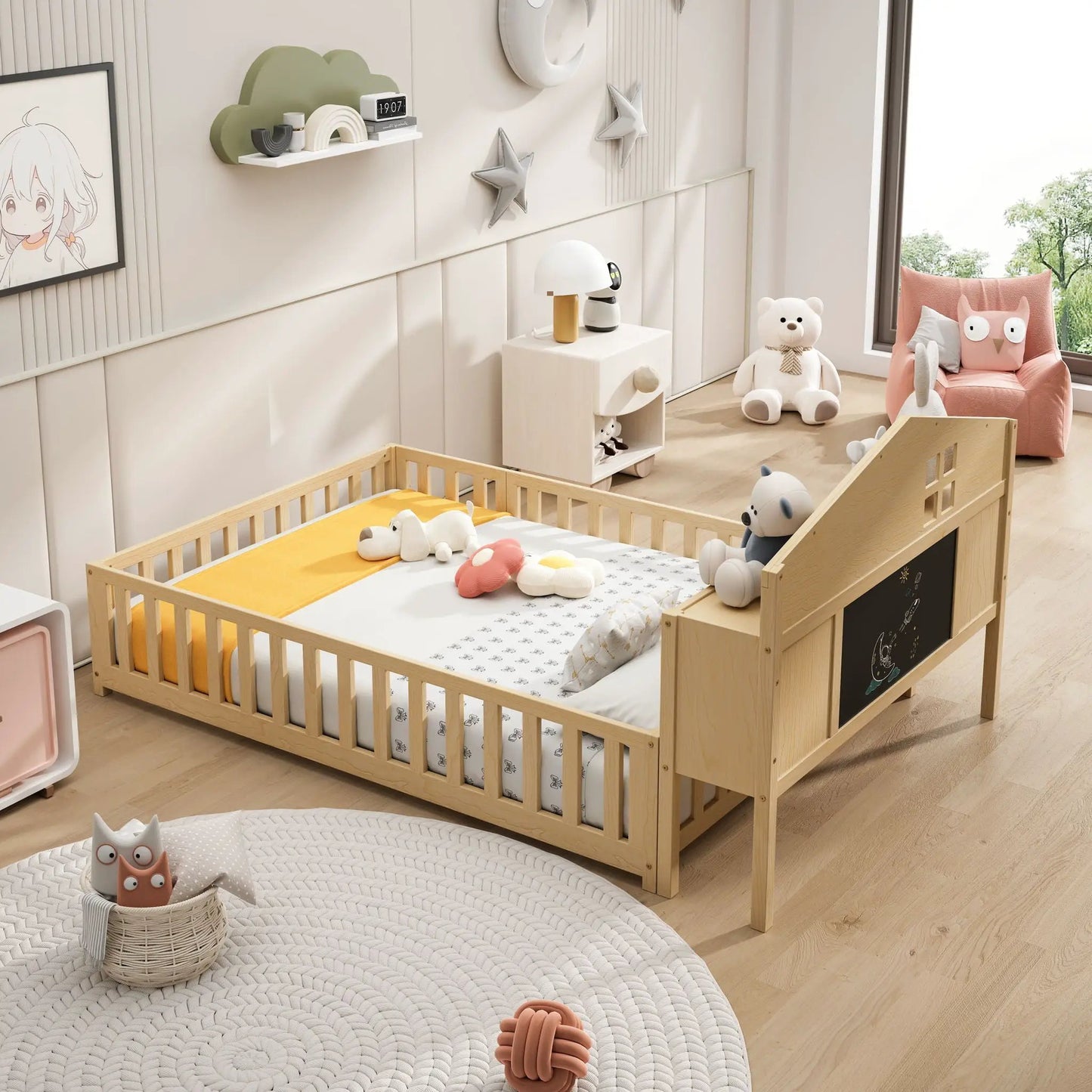 Full Size Montessori Floor Bed with Bookcases and storage headboards in natural solid wood on Tampa Home & Garden Store