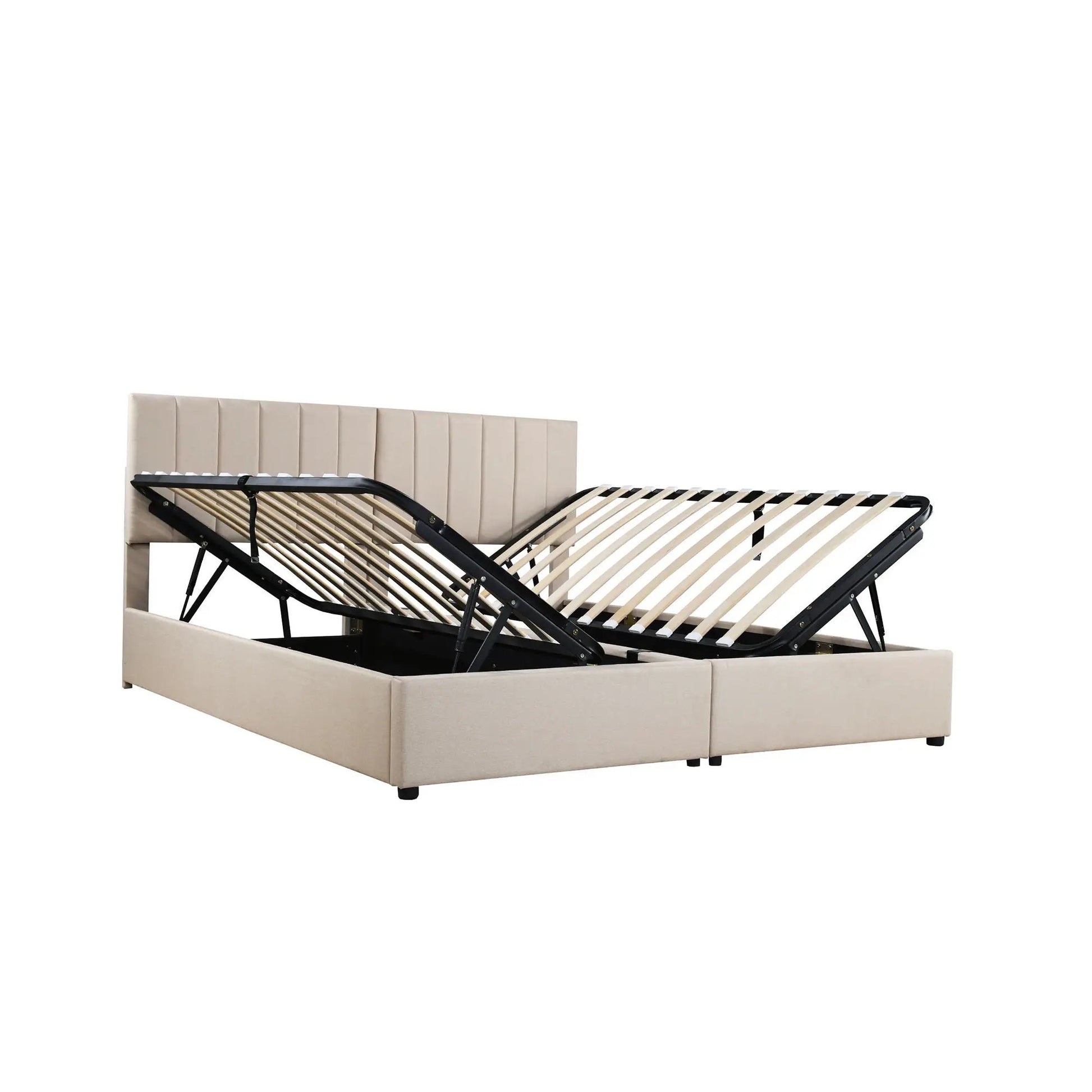 Upholstered platform bed with hydraulic storage system by Unique Piece Furniture in beige on Tampa Home & Garden Store