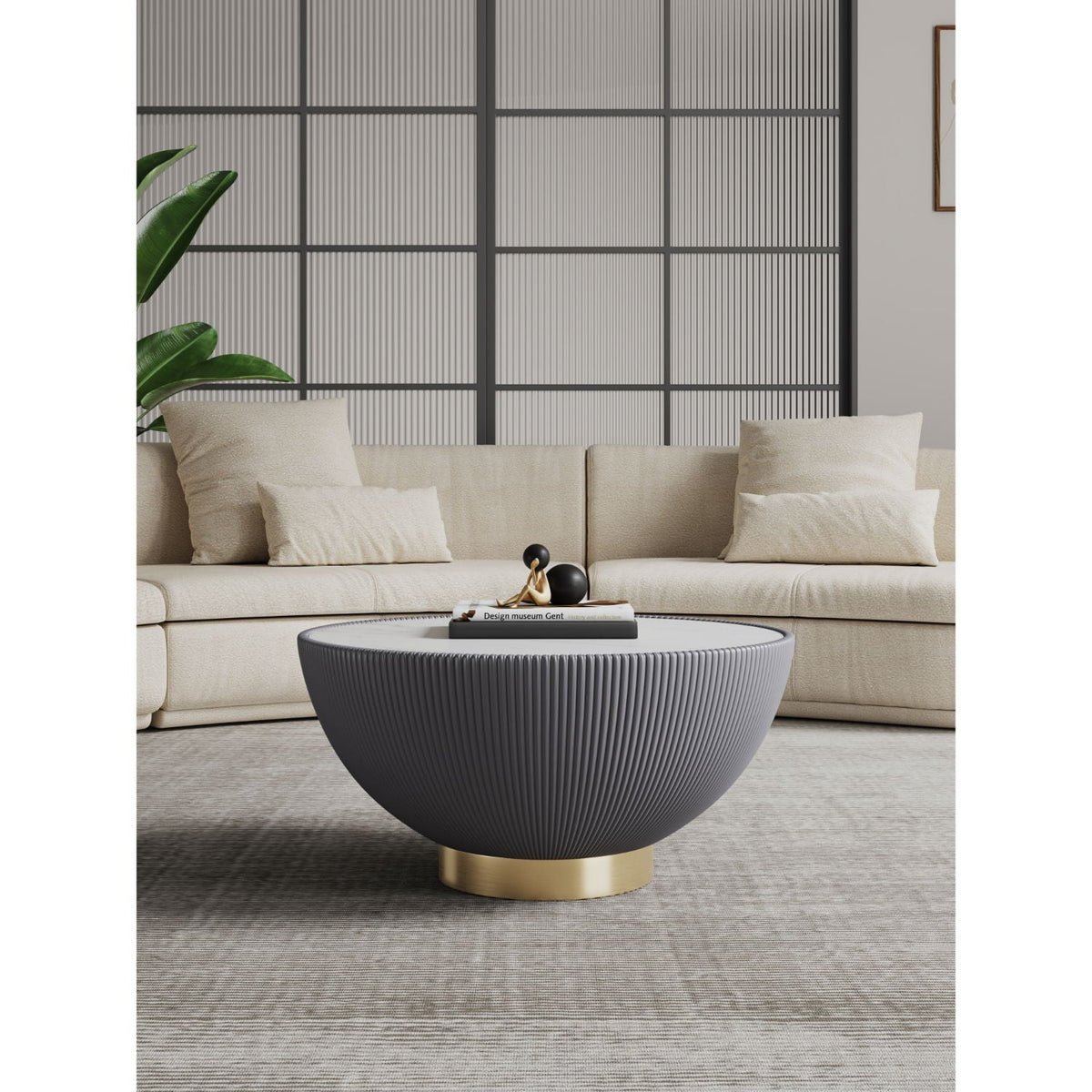 Anderson coffee table with sintered stone top, round ribbed grey pedestal base on Tampa Home & Garden Store