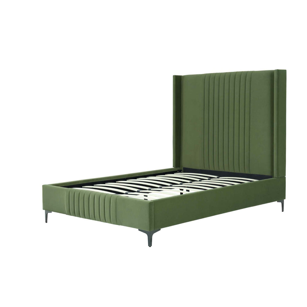 Promenade bed in green upholstery with tall channel headboard and slatted base, metal legs on Tampa Home & Garden Store