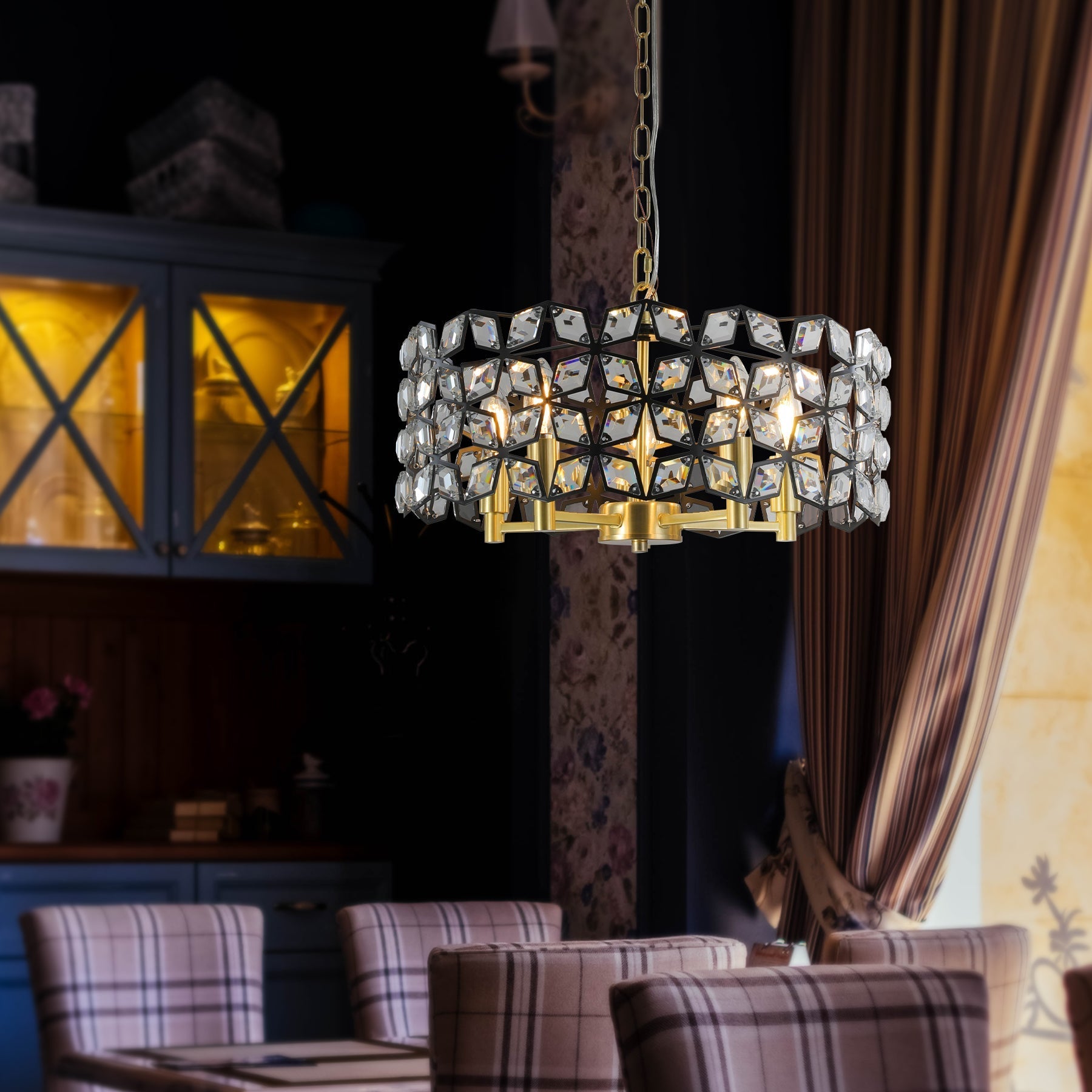 19in Geometric Crystal and Black Gold Round Pendant Chandelier with crystal facets, HouseOfZazla on Tampa Home & Garden Store