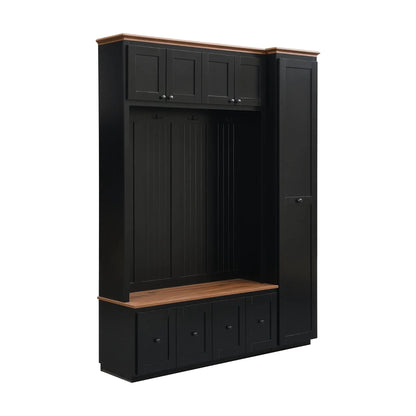 Entryway hall tree with storage bench, black finish, brown wood top trim, cabinet doors on Tampa Home & Garden Store