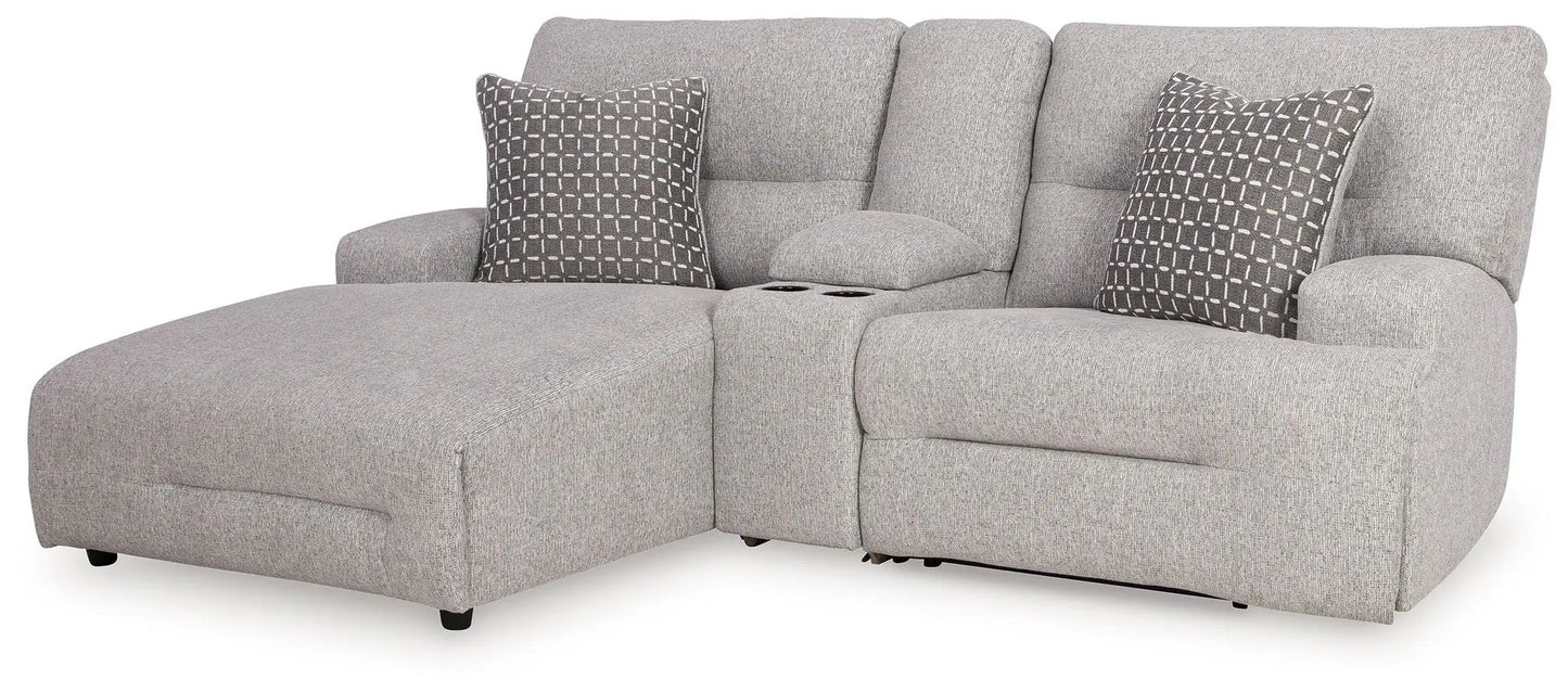 Acklen Place reclining sectional in gray fabric with two decorative pillows and center console on Tampa Home & Garden Store