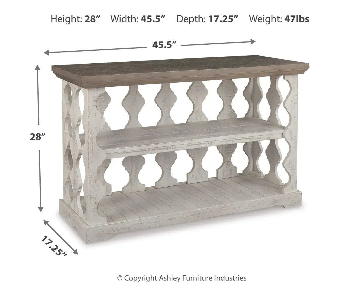 Console sofa table Havalance gray/white with dark top, carved baluster sides, two shelves on Tampa Home & Garden Store