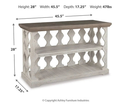 Console sofa table Havalance gray/white with dark top, carved baluster sides, two shelves on Tampa Home & Garden Store
