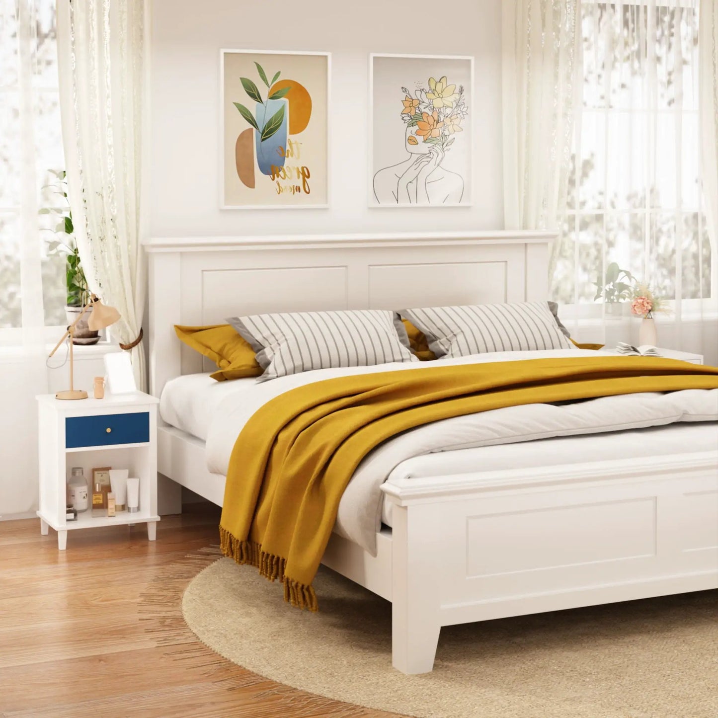 Nightstand with 1 Drawer 1 Shelf, white finish with blue drawer front beside bed by Unique Piece Furniture on Tampa Home & Garden Store