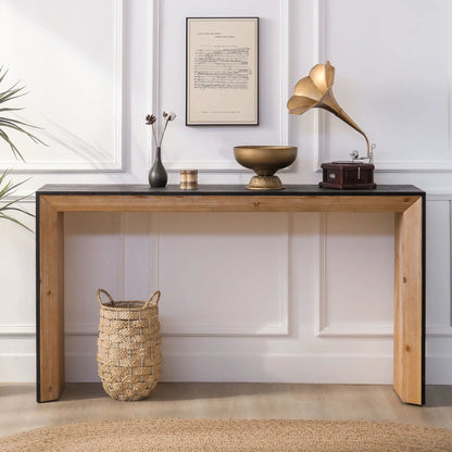 Modern console table with black top and wood frame by Unique Piece Furniture; brass decor on Tampa Home & Garden Store