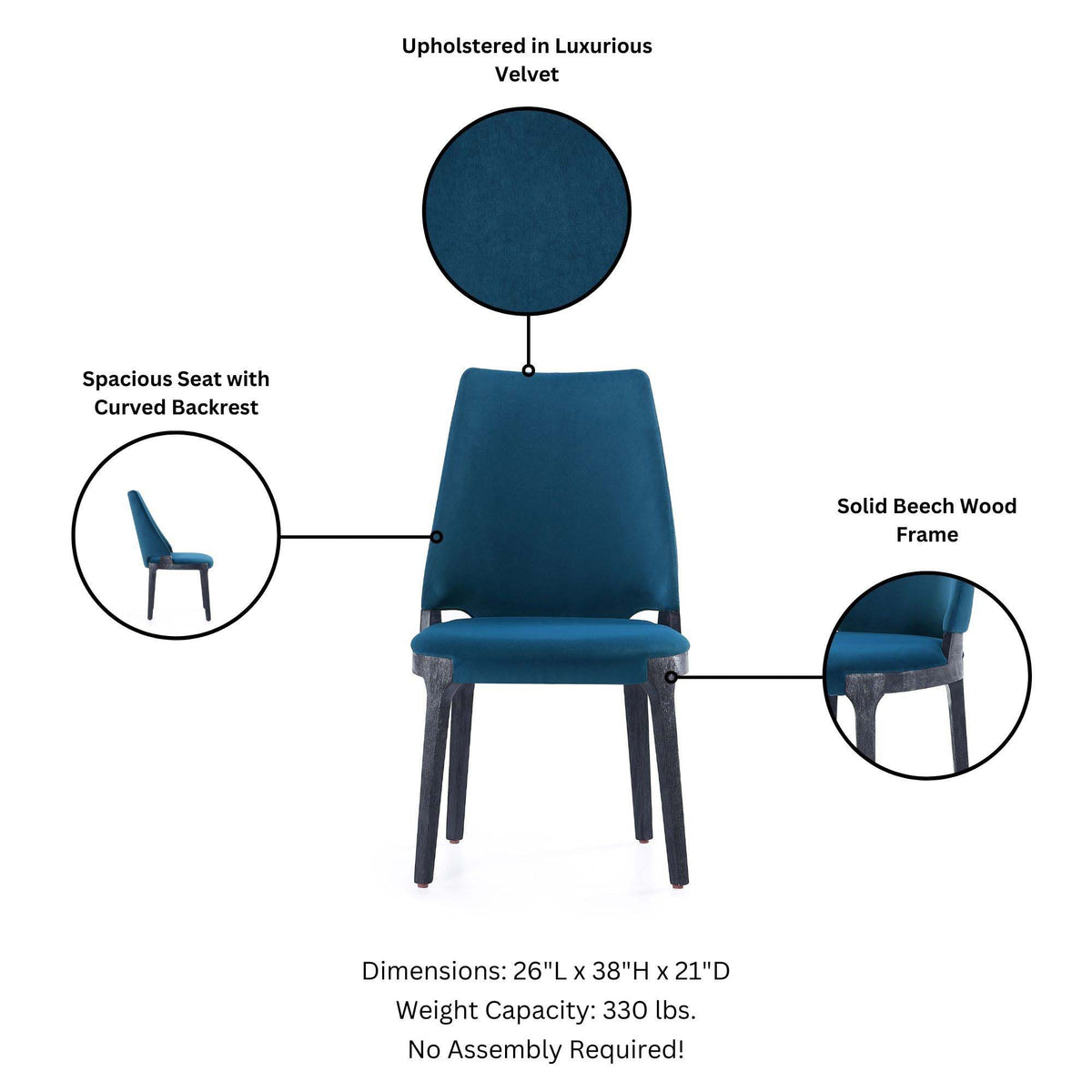 Kara Dining Chair set of 2 with solid beech wood frame in blue velvet on Tampa Home & Garden Store
