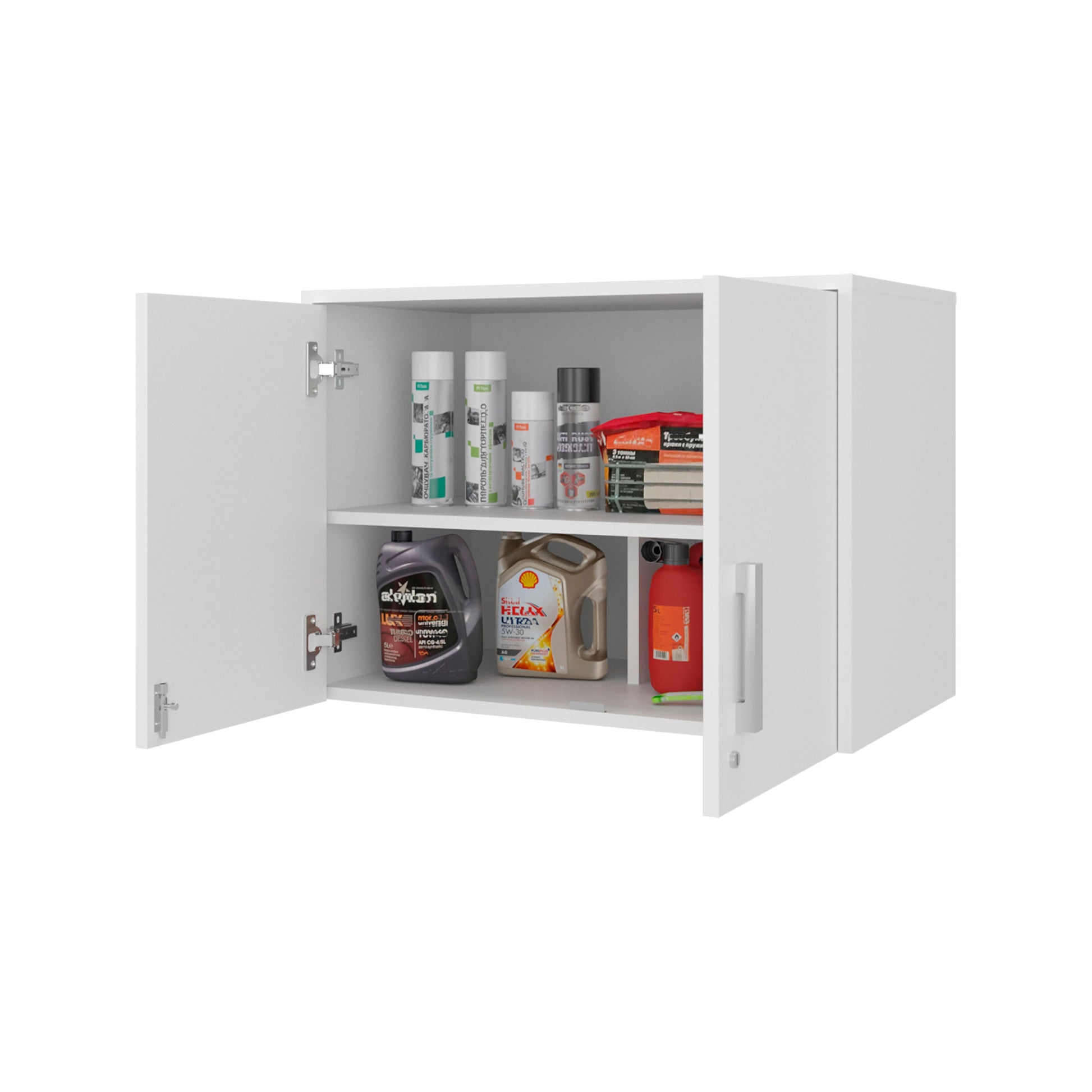 Danbury Wall Storage Cabinet HouseOfZazla, white cabinet with open doors and paint cans on Tampa Home & Garden Store