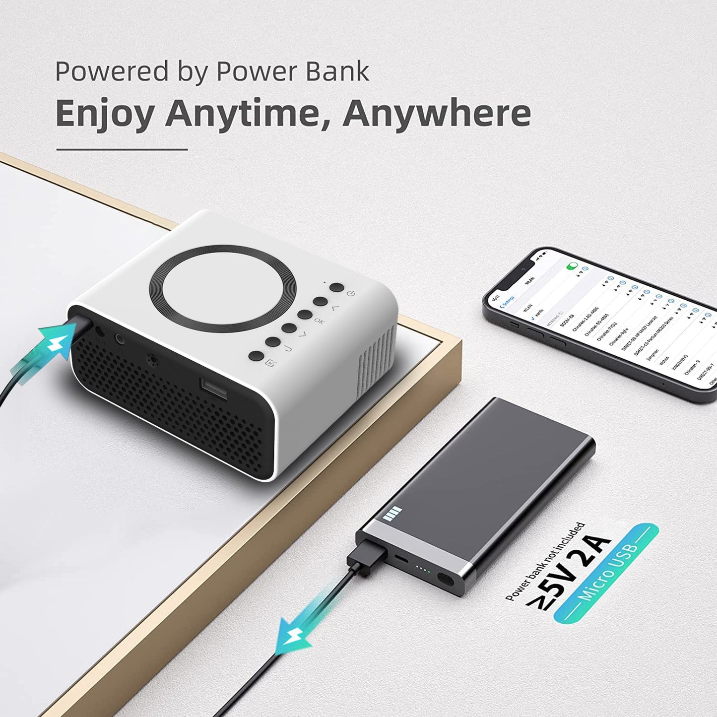 YT300 portable projector by My Store, white compact unit with top dial, powered by power bank on Tampa Home & Garden Store