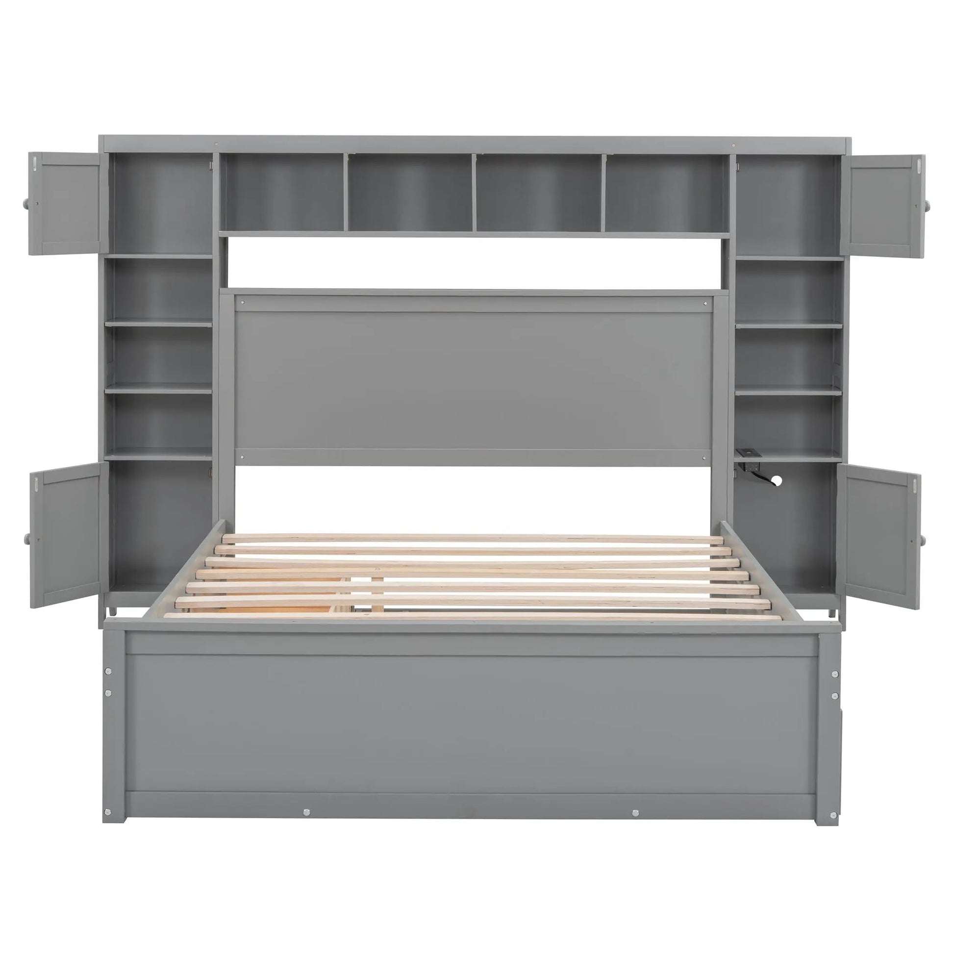 Grey cabinet bed with shelves and side cabinets, twin long trundle, wood slat base on Tampa Home & Garden Store