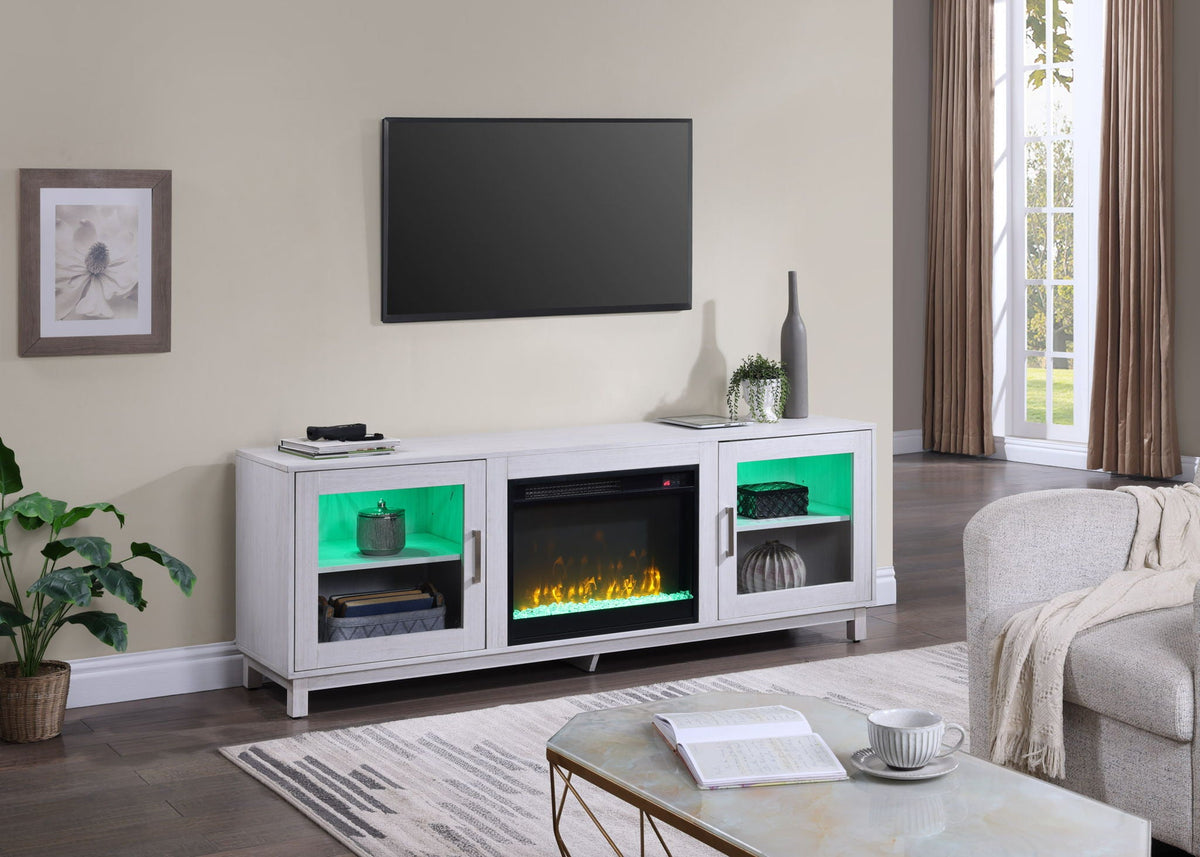 White walnut fireplace TV stand with integrated heater, 70 inch, LED-lit display cabinets on Tampa Home & Garden Store