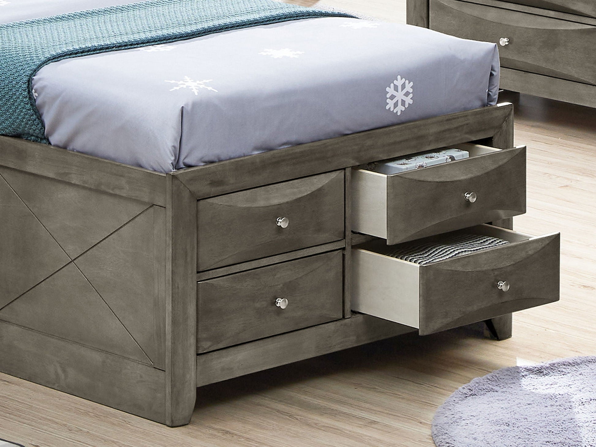 Modern storage bed with bookcase headboard in gray wood finish, built-in under-bed drawers on Tampa Home & Garden Store