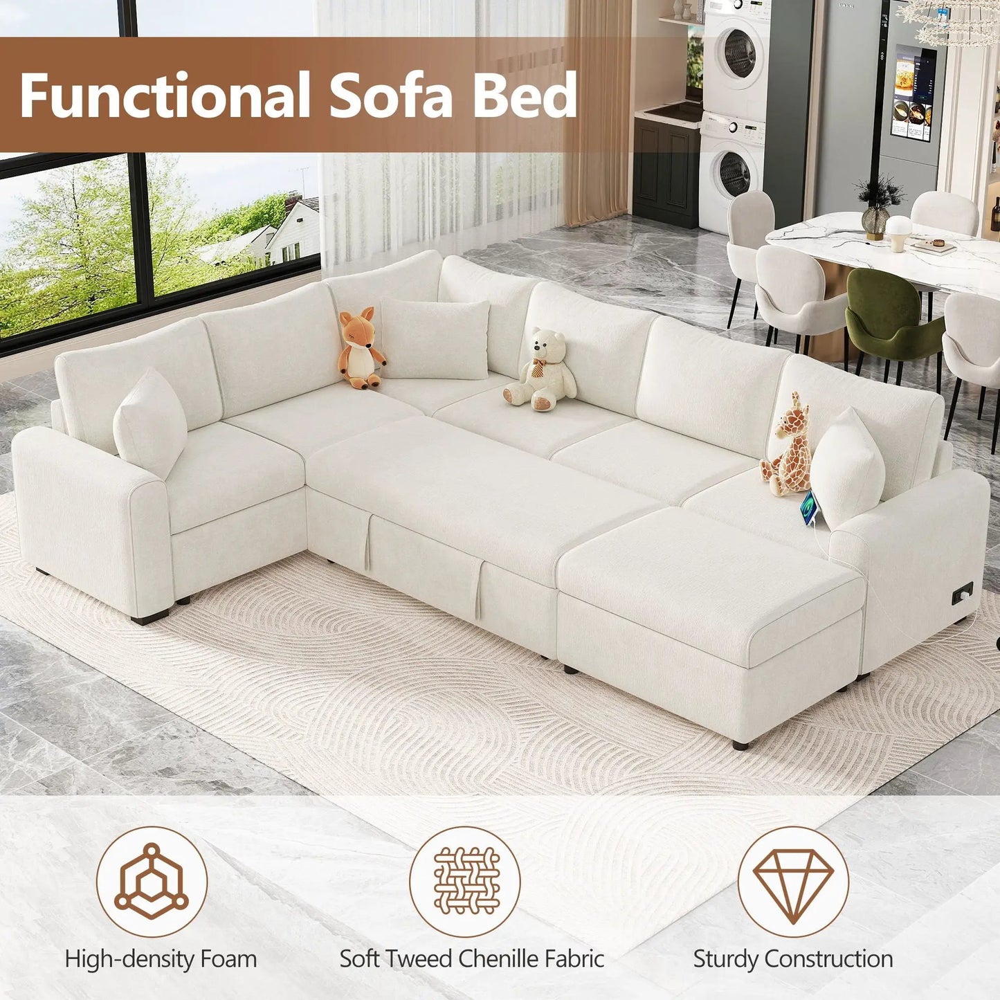 Sleeper sectional sofa bed with storage ottoman, pillows and charging devices in a living room on Tampa Home & Garden Store