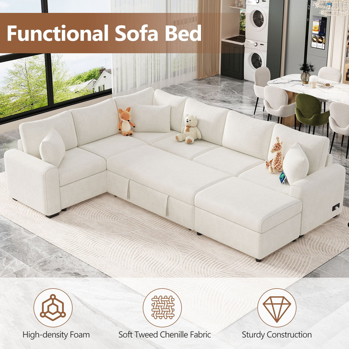 Sectional Sleeper Sofa in beige with storage ottoman, 3 pillows, charging devices on Tampa Home & Garden Store