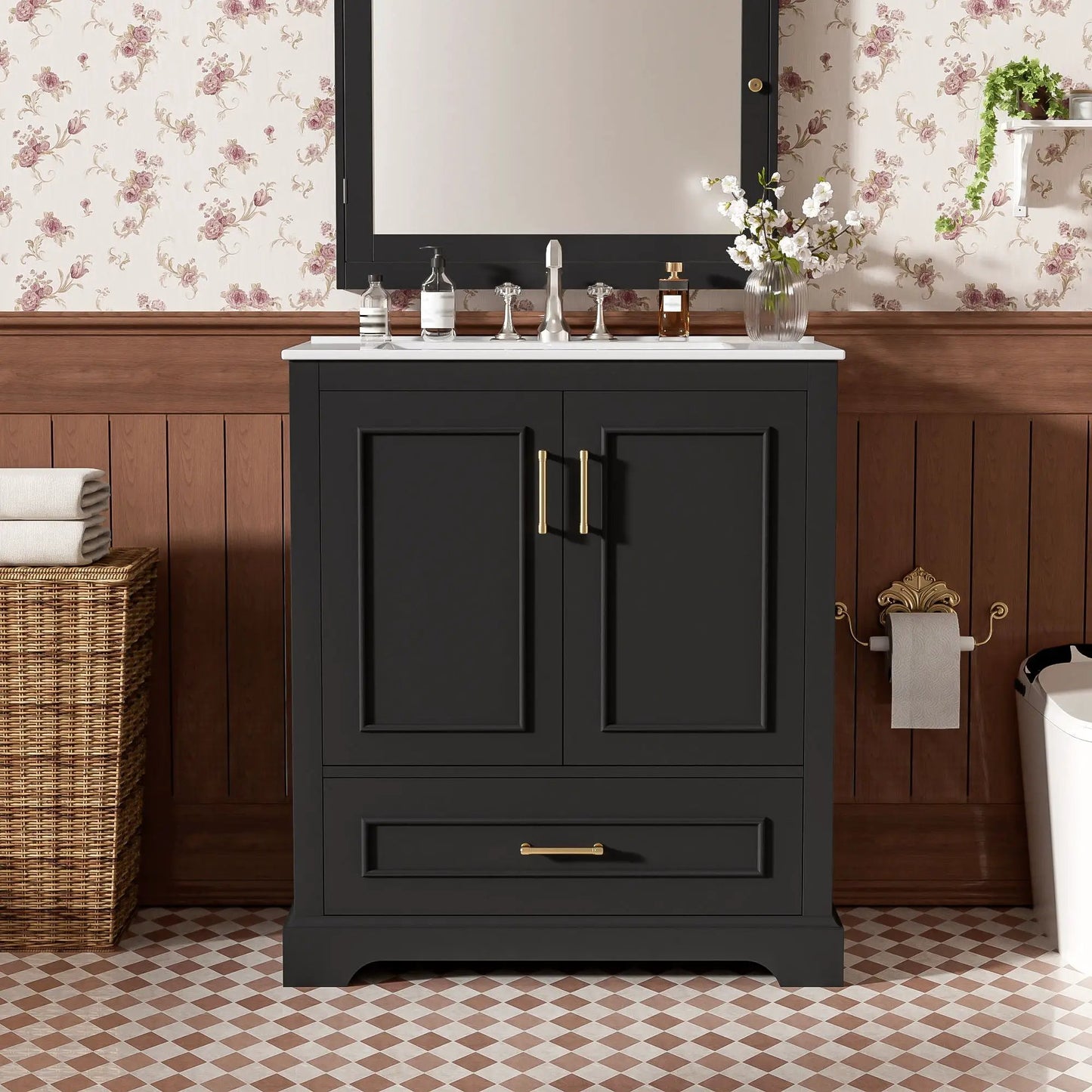 Bathroom Vanity With Sink in charcoal gray with white countertop, 1 divided drawer and 2 soft-close doors with double shelves, gold hardware on Tampa Home & Garden Store