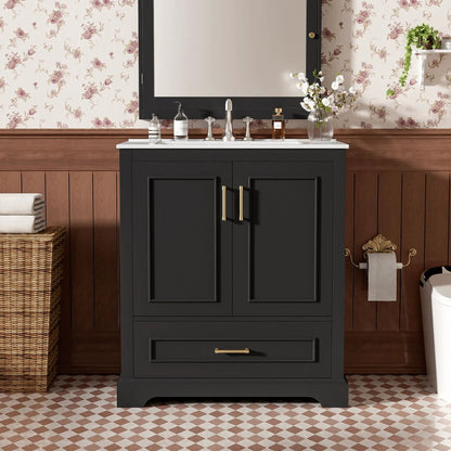 Bathroom Vanity With Sink in charcoal gray with white countertop, 1 divided drawer and 2 soft-close doors with double shelves, gold hardware on Tampa Home & Garden Store