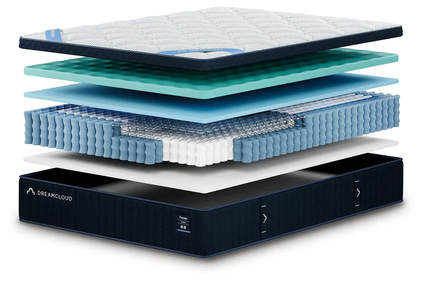 DreamCloud Premier Hybrid Mattress with foam layers and pocketed coils in blue on navy base on Tampa Home & Garden Store